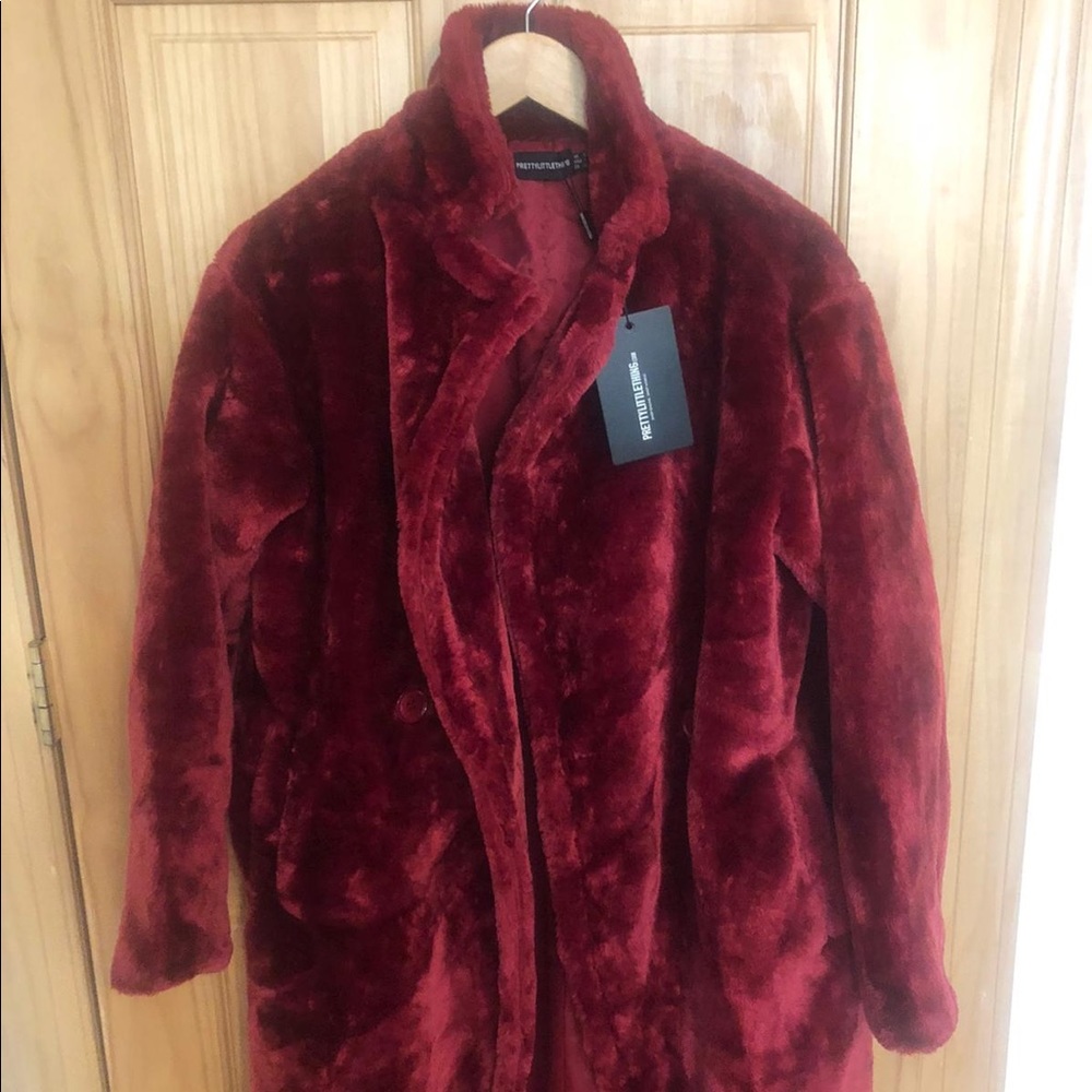 Burgundy faux fur teddy coat